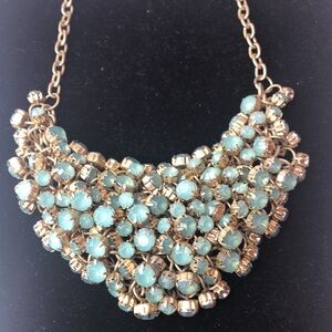 Vintage Gold and  Aqua Green Crystal Multi-Layered Statement Bib Necklace